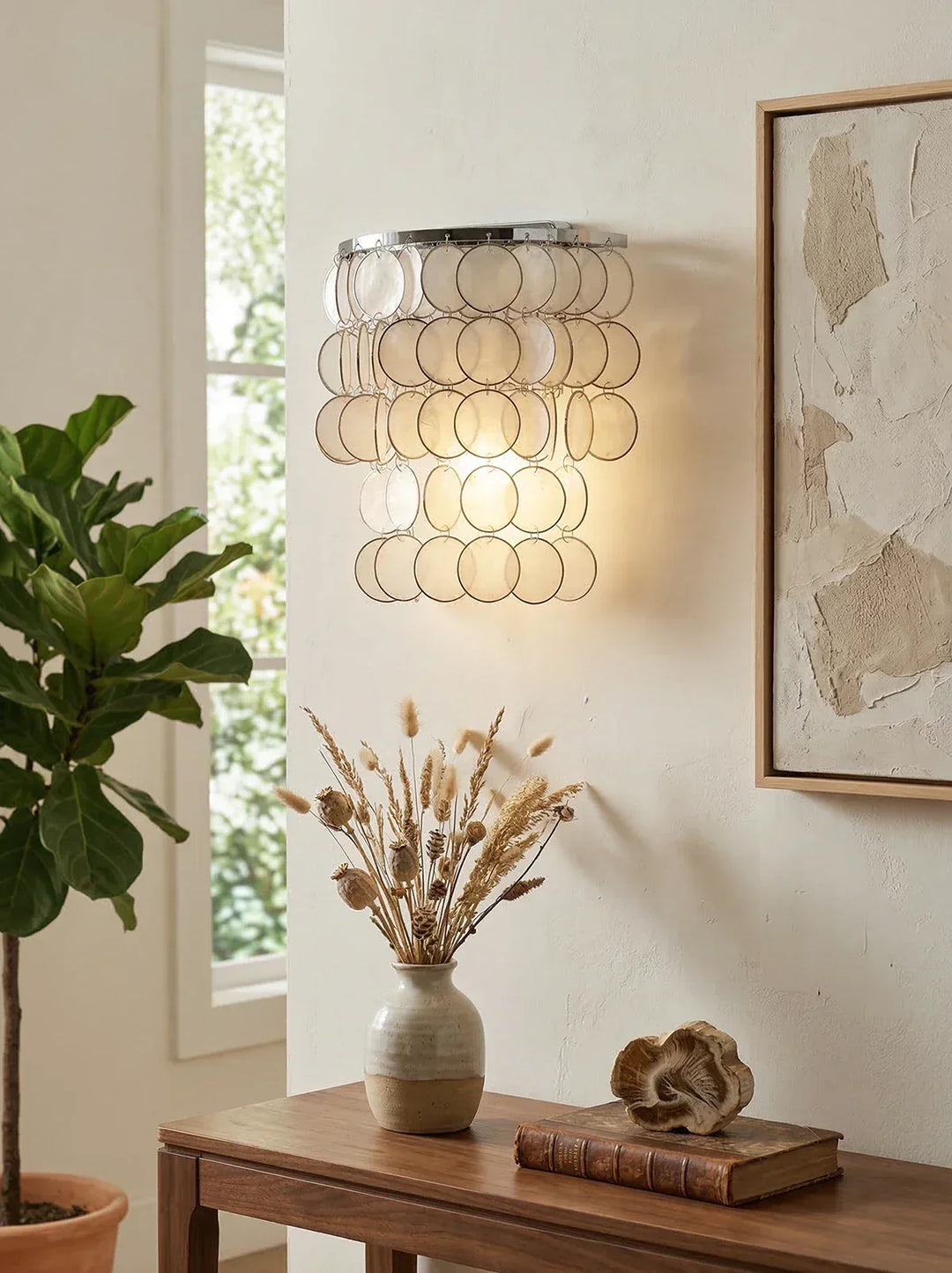 Chrome Round Tiered Capiz Shell Wall Lamp