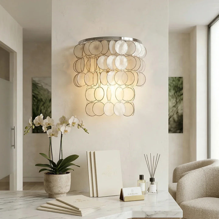 Chrome Round Tiered Capiz Shell Wall Lamp