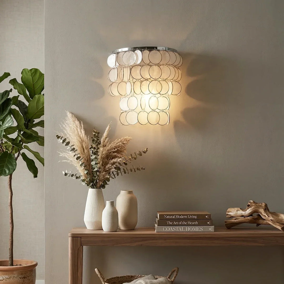 Chrome Round Tiered Capiz Shell Wall Lamp