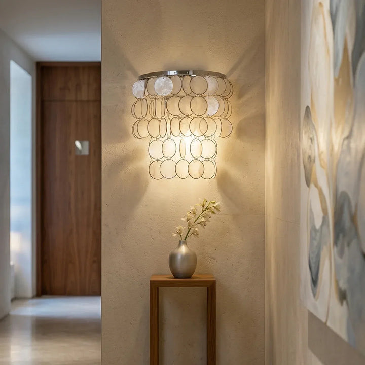 Chrome Round Tiered Capiz Shell Wall Lamp