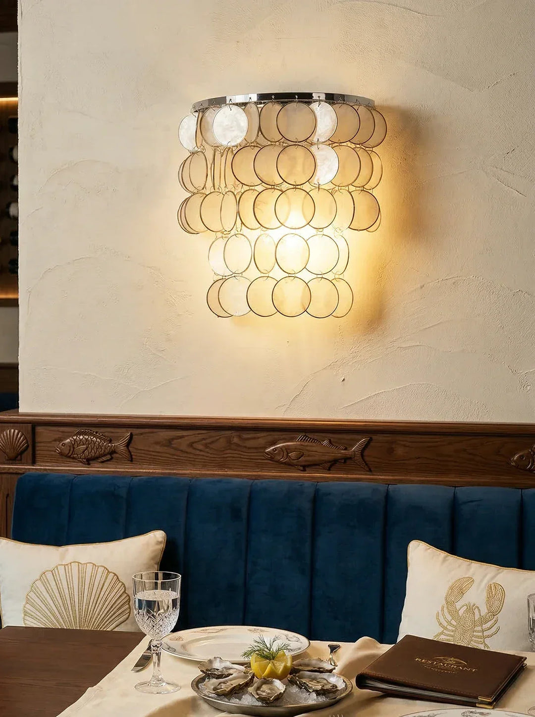 Chrome Round Tiered Capiz Shell Wall Lamp