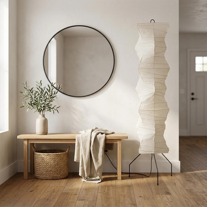 Column-shaped paper floor lamp in an entryway with a round mirror and console