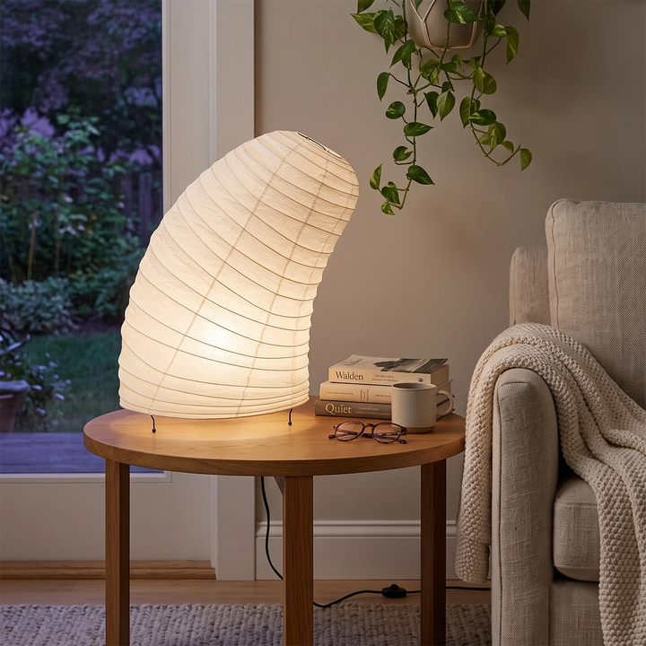 Close-up of the ribbed paper texture across the curved lamp shade