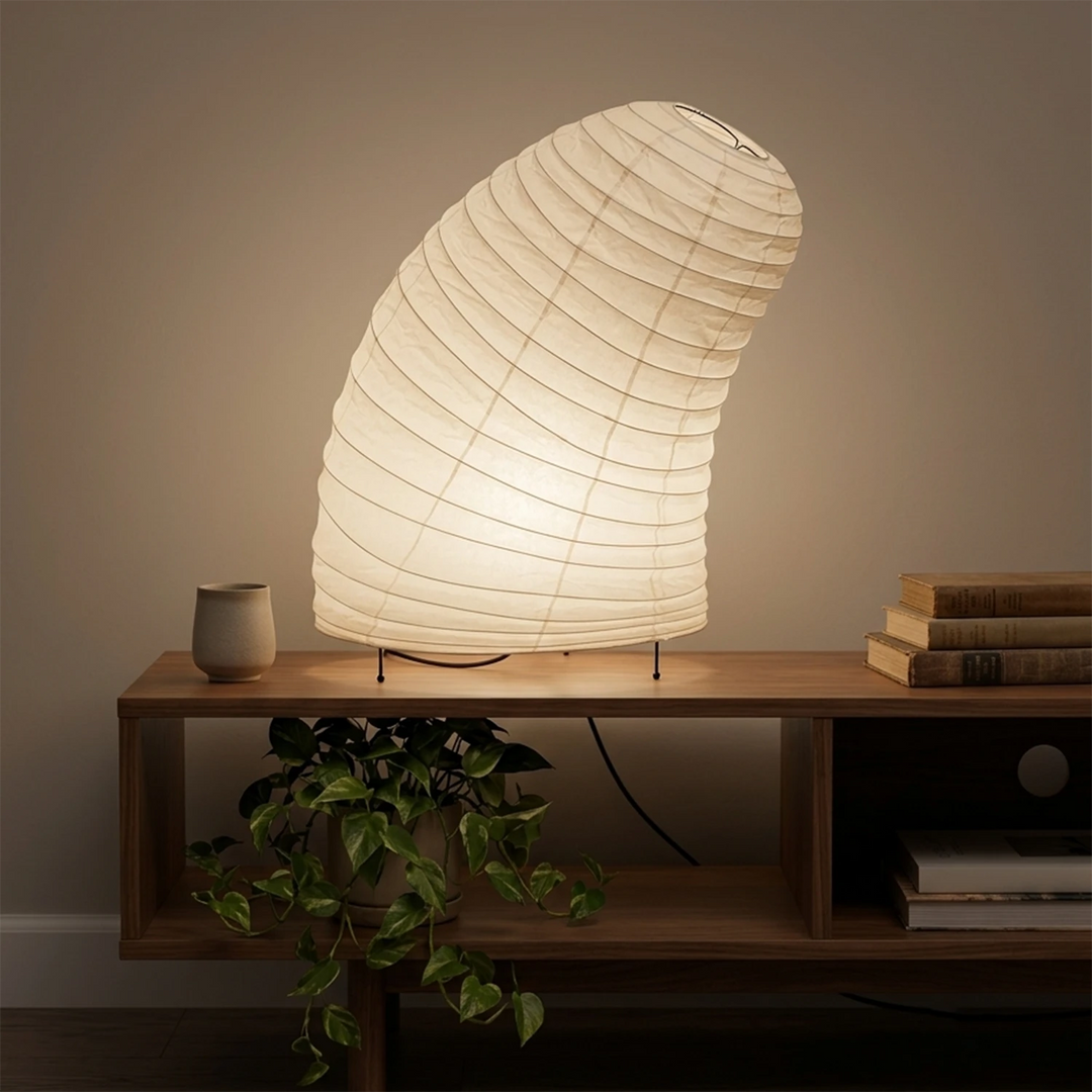 Shell-shaped paper lamp on a desk beside a tall fiddle-leaf plant