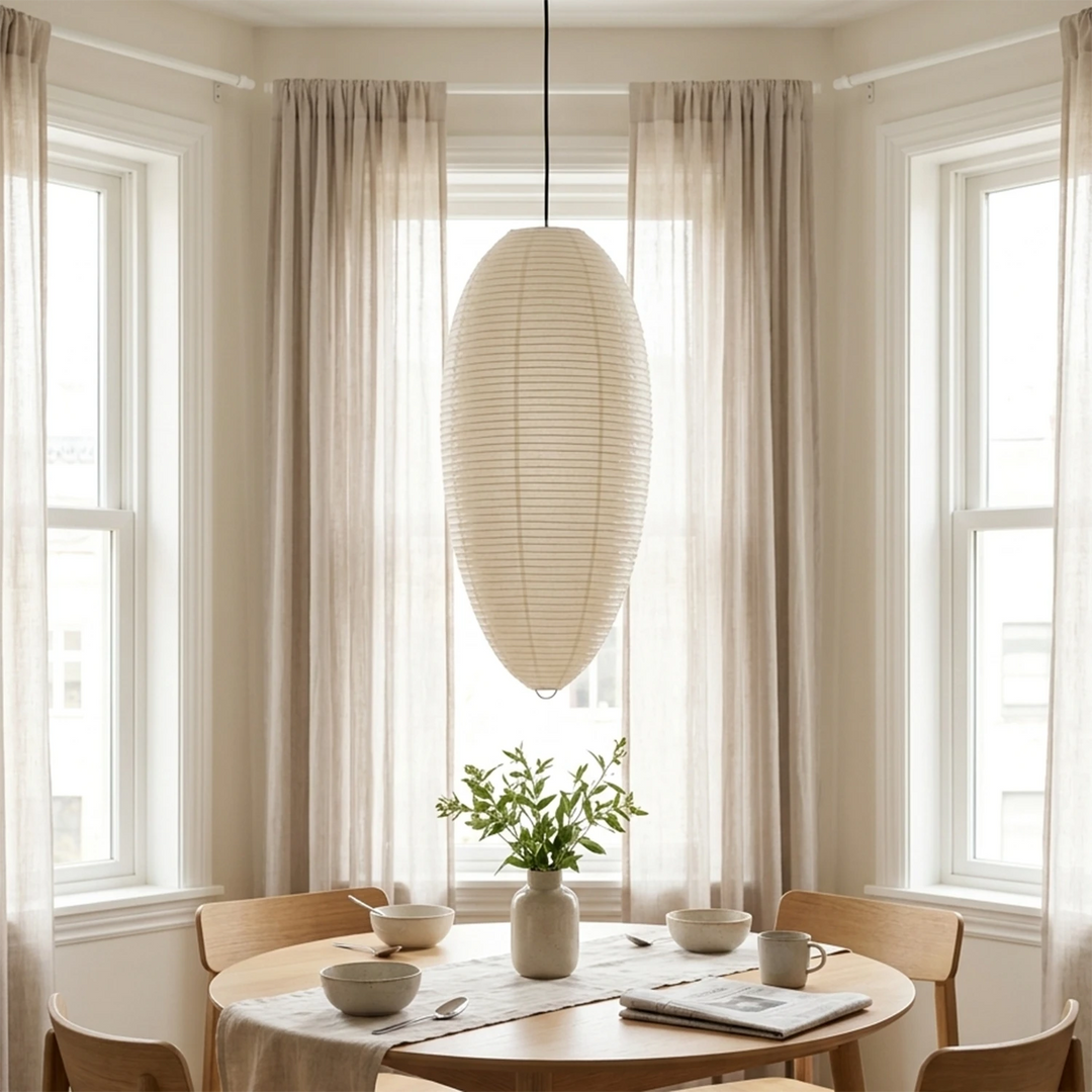 Oval paper pendant above a round dining table framed by a curtained bay window