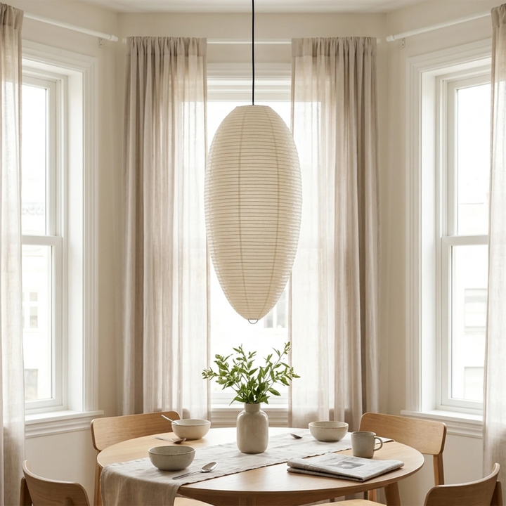 Oval paper pendant above a round dining table framed by a curtained bay window