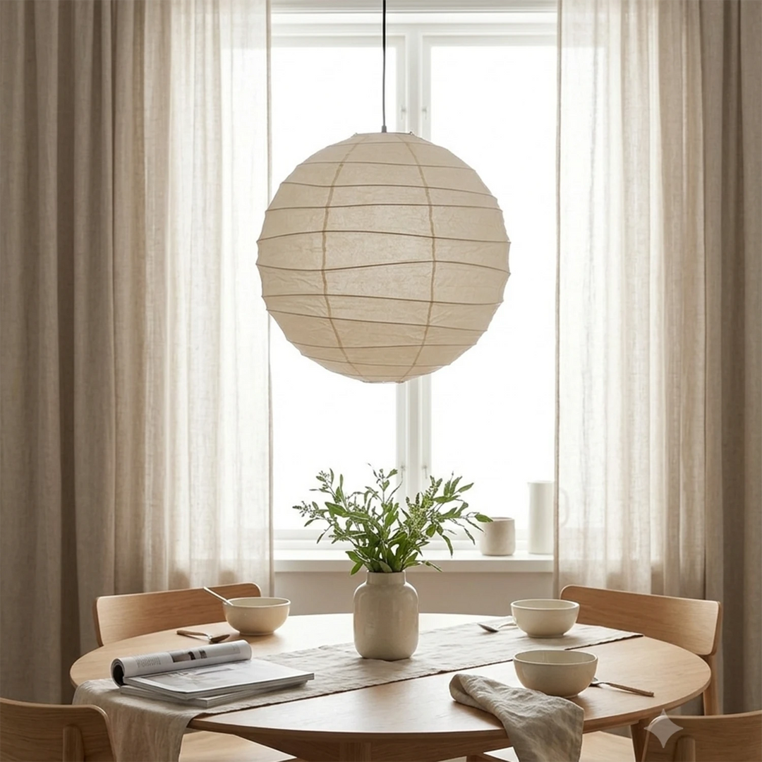 Paper globe pendant above a round dining table framed by long curtains