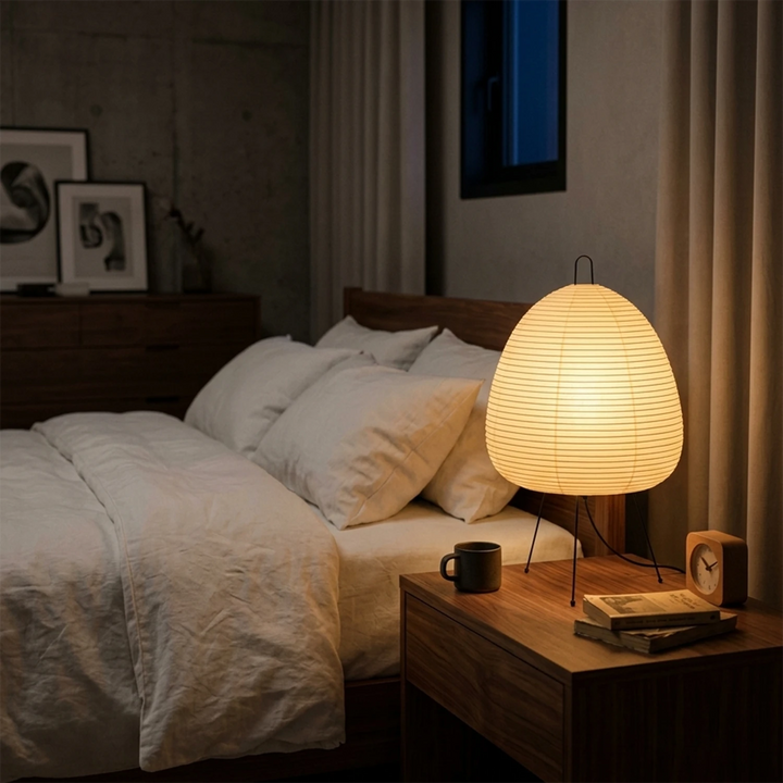 Soft glowing egg-shaped lamp on a bedroom nightstand beside layered bedding