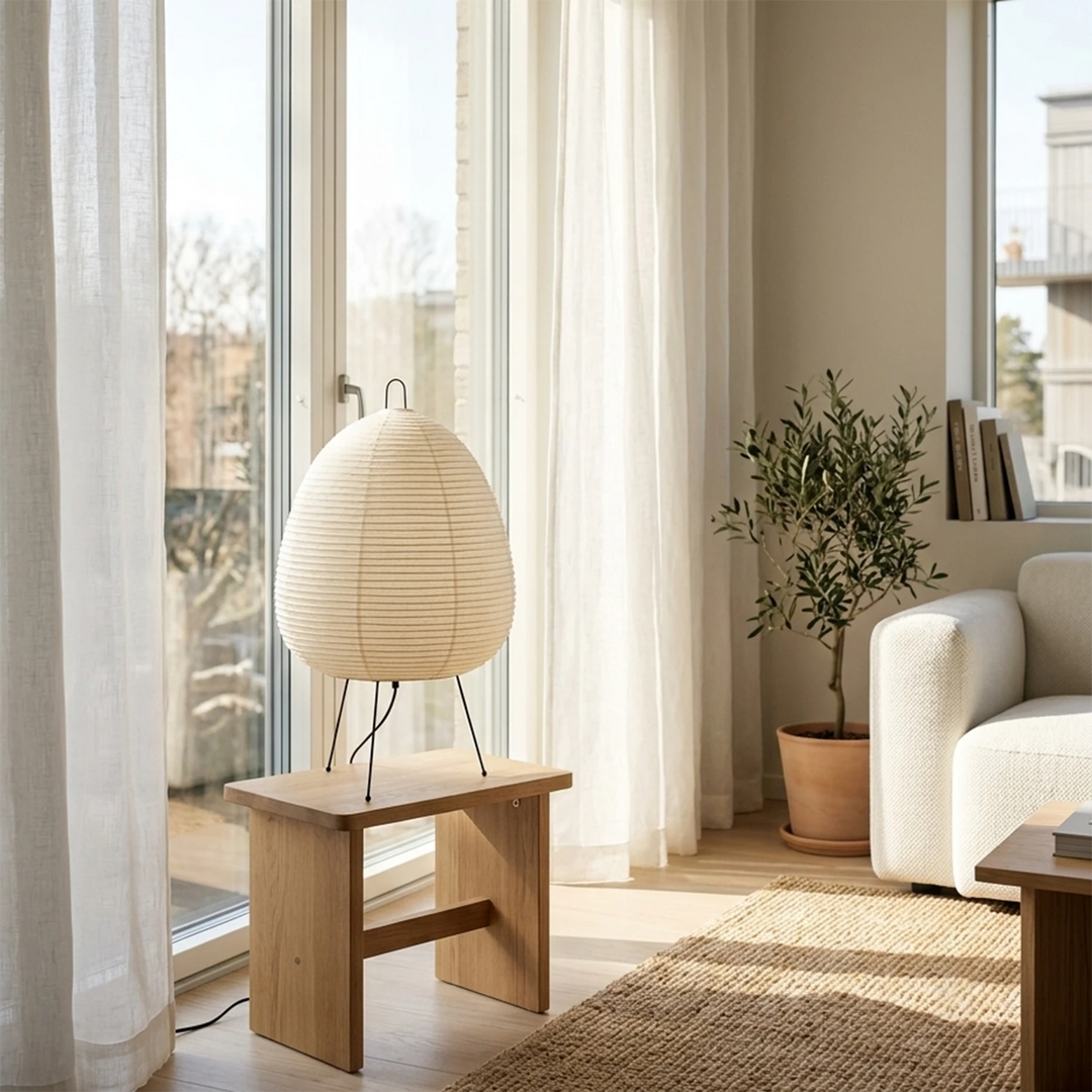 Egg-shaped paper table lamp on a wooden stool in a bright airy window corner