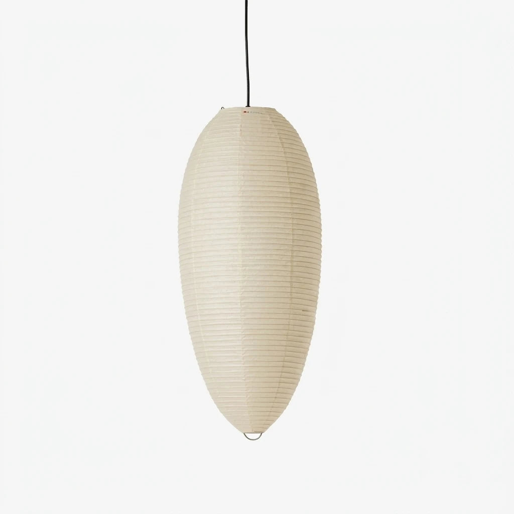 Elongated oval mulberry paper pendant shade on a soft grey background