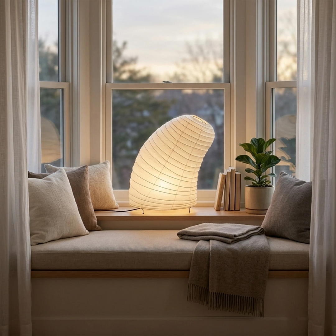 Shell-shaped paper lamp on an entry console beneath an arched mirror