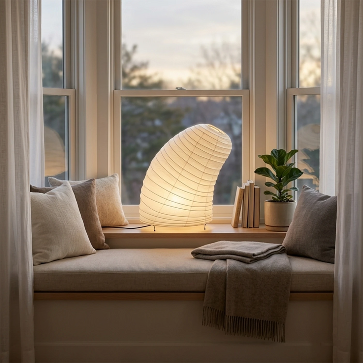 Shell-shaped paper lamp on an entry console beneath an arched mirror