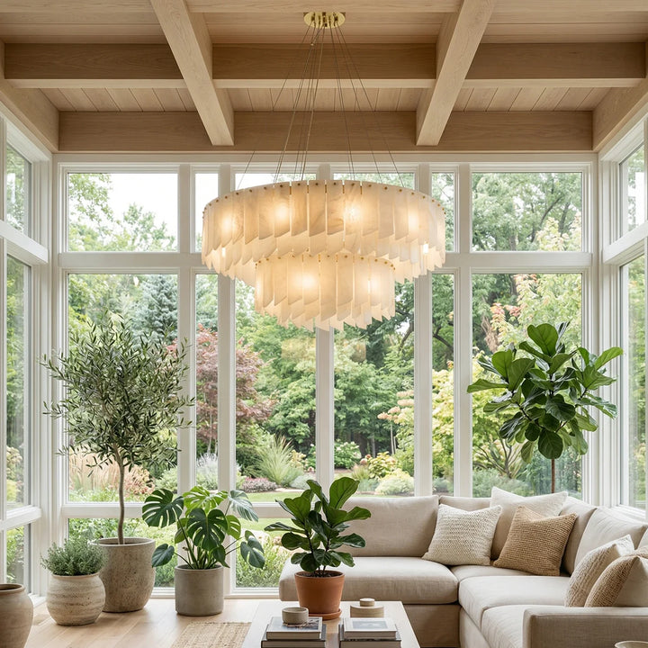 Cascade Alabaster Tiered Brass Chandelier