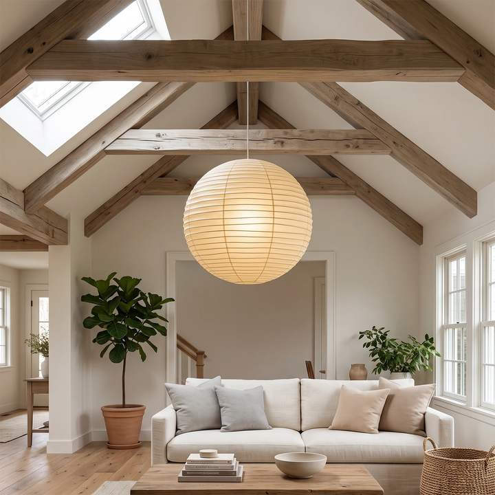 Paper pendant hanging under exposed timber beams in an open living space