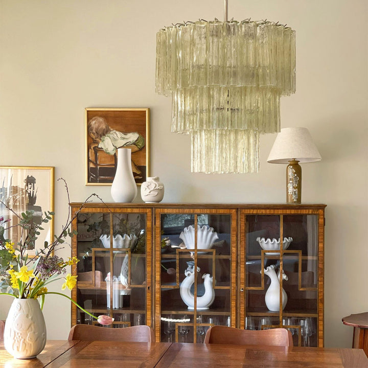 Fantastic Murano Tubes Chandelier with amber glass in a room with a china cabinet and white table lamp