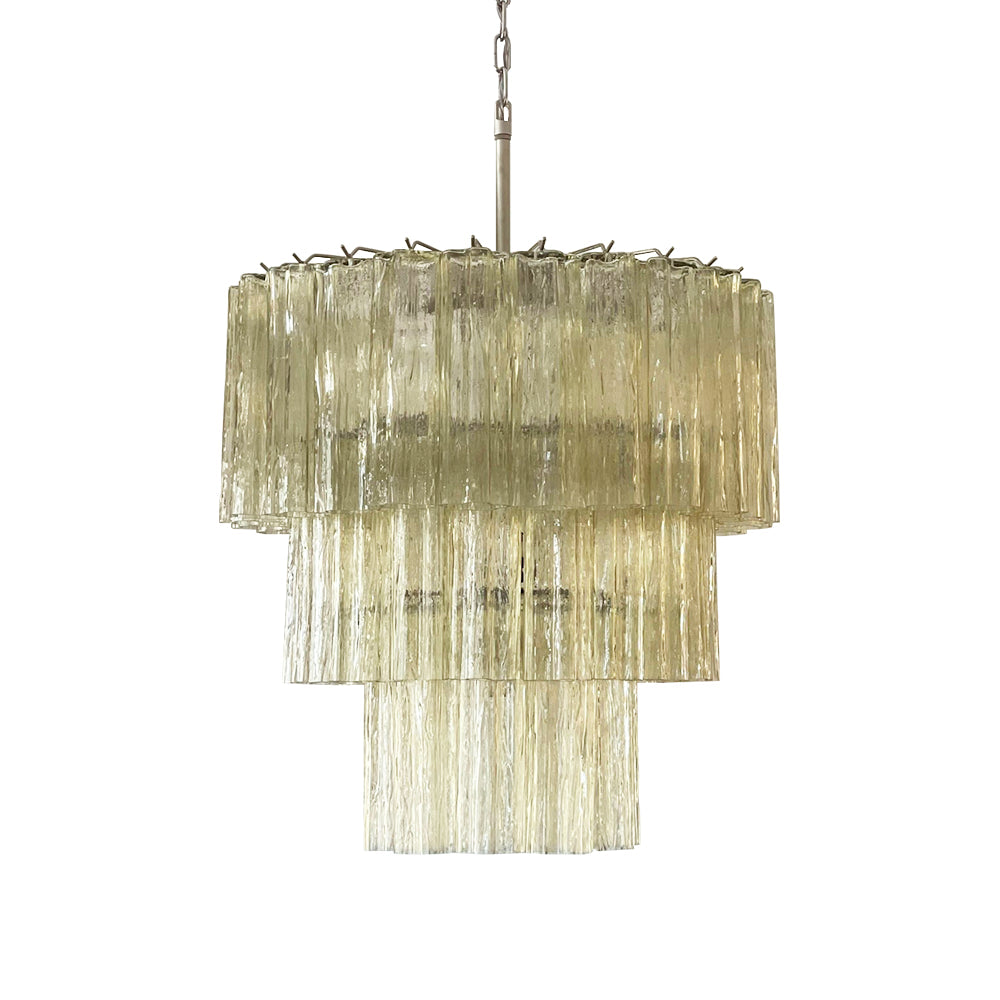 Full view of Fantastic Murano Tubes Chandelier with amber glass on white background