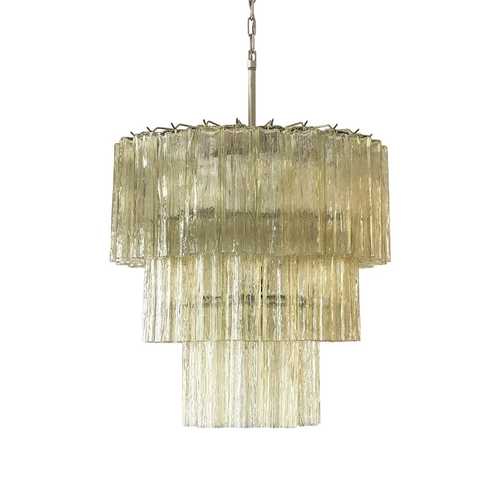 Full view of Fantastic Murano Tubes Chandelier with amber glass on white background