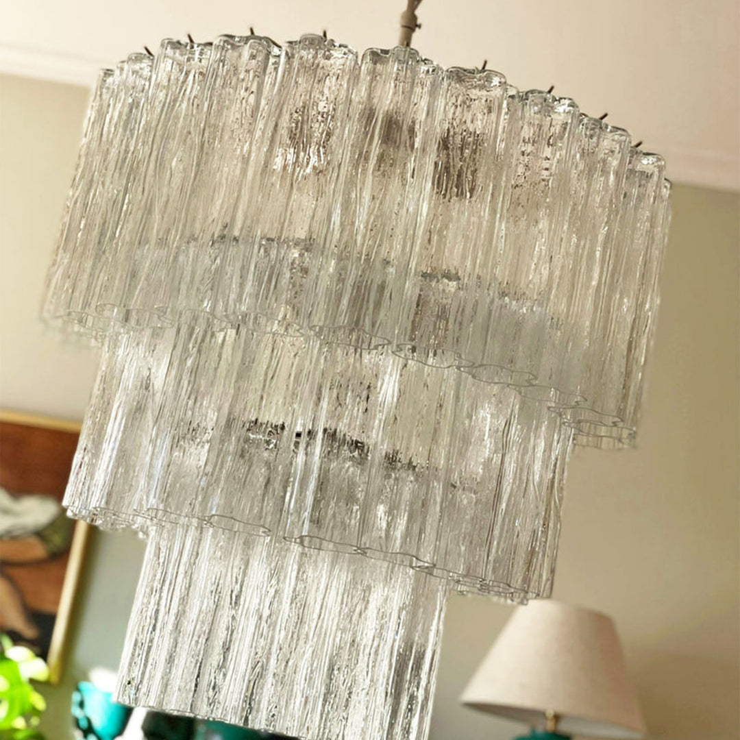 Fantastic Murano Tubes Chandelier with clear glass hanging in a minimalist room with white walls