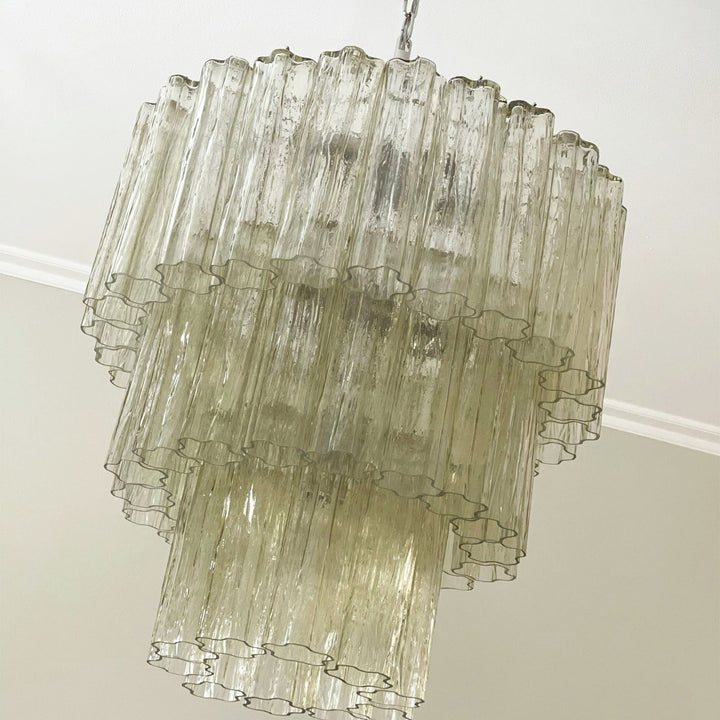 Fantastic Murano Tubes Chandelier with clear glass hanging in a minimalist room with white walls
