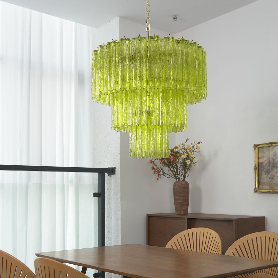 Fantastic Murano Tubes Chandelier with lime green glass in a bright room with sheer curtains