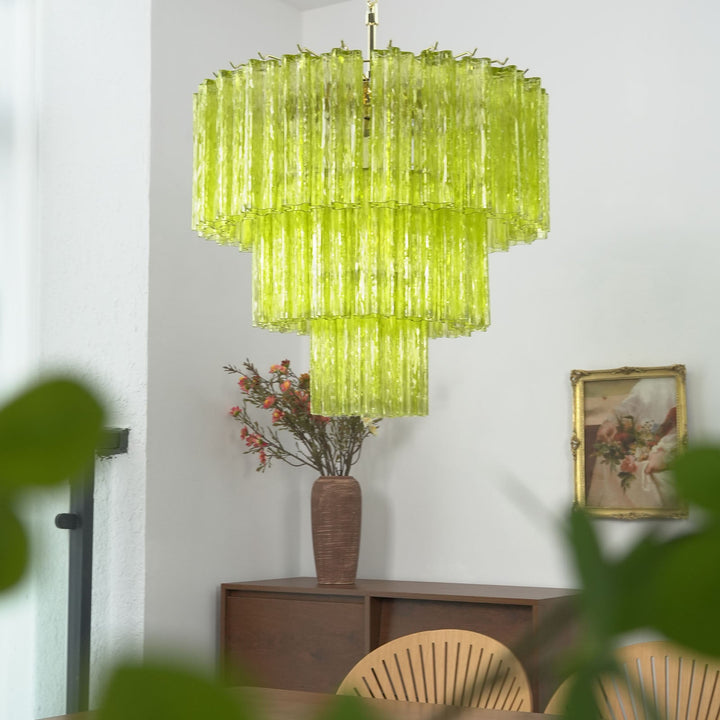 Fantastic Murano Tubes Chandelier with lime green glass in a bright room with a wooden table