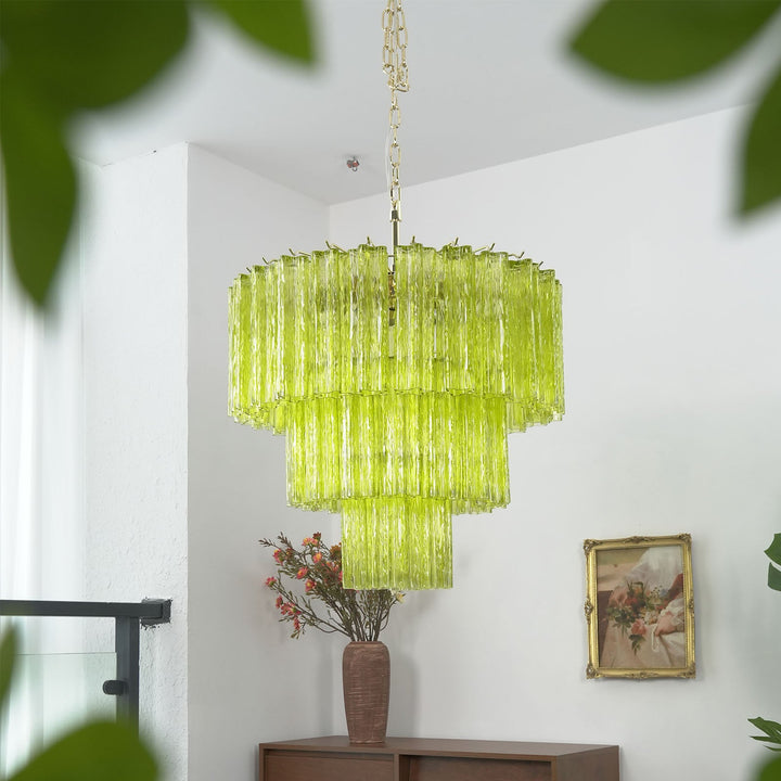 Fantastic Murano Tubes Chandelier with lime green glass hanging in a bright room with plants