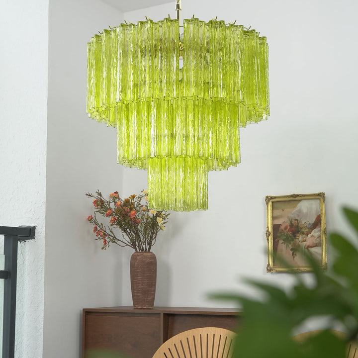 Fantastic Murano Tubes Chandelier with lime green glass above a wooden table with plants