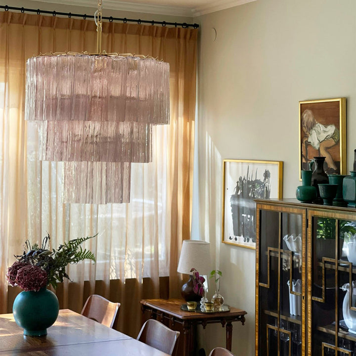 Fantastic Murano Tubes Chandelier with soft pink glass in a room with sheer curtains and plants