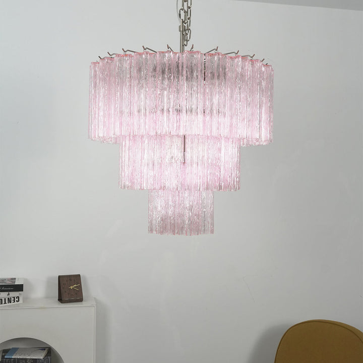 Fantastic Murano Tubes Chandelier with soft pink glass in a bright room with white walls and decor