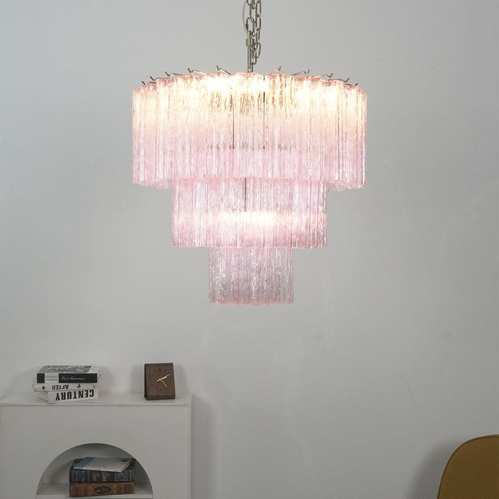 Fantastic Murano Tubes Chandelier with soft pink glass in a room with a china cabinet and table lamp