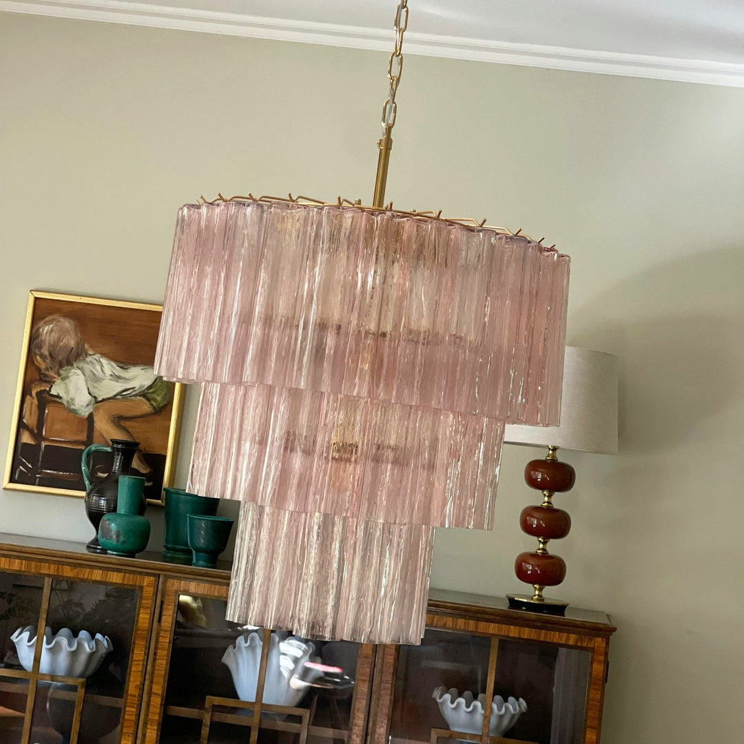 Fantastic Murano Tubes Chandelier with soft pink glass above a dining table with classic decor