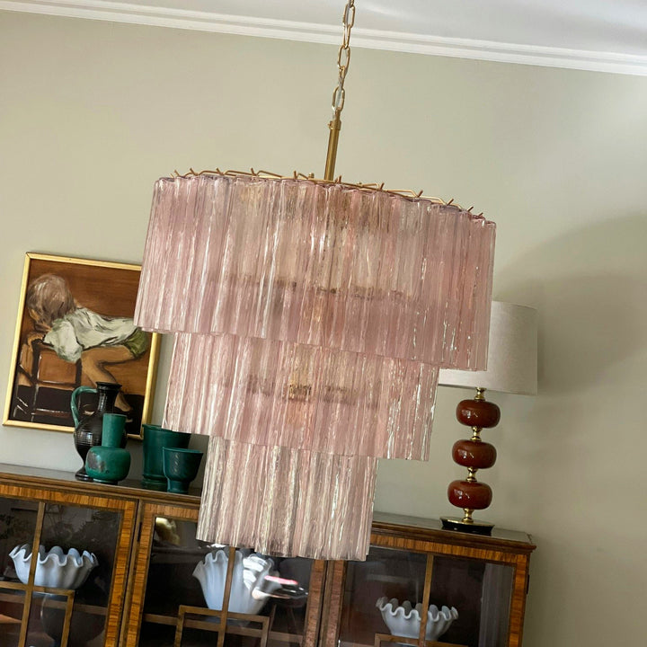 Fantastic Murano Tubes Chandelier with soft pink glass above a dining table with classic decor