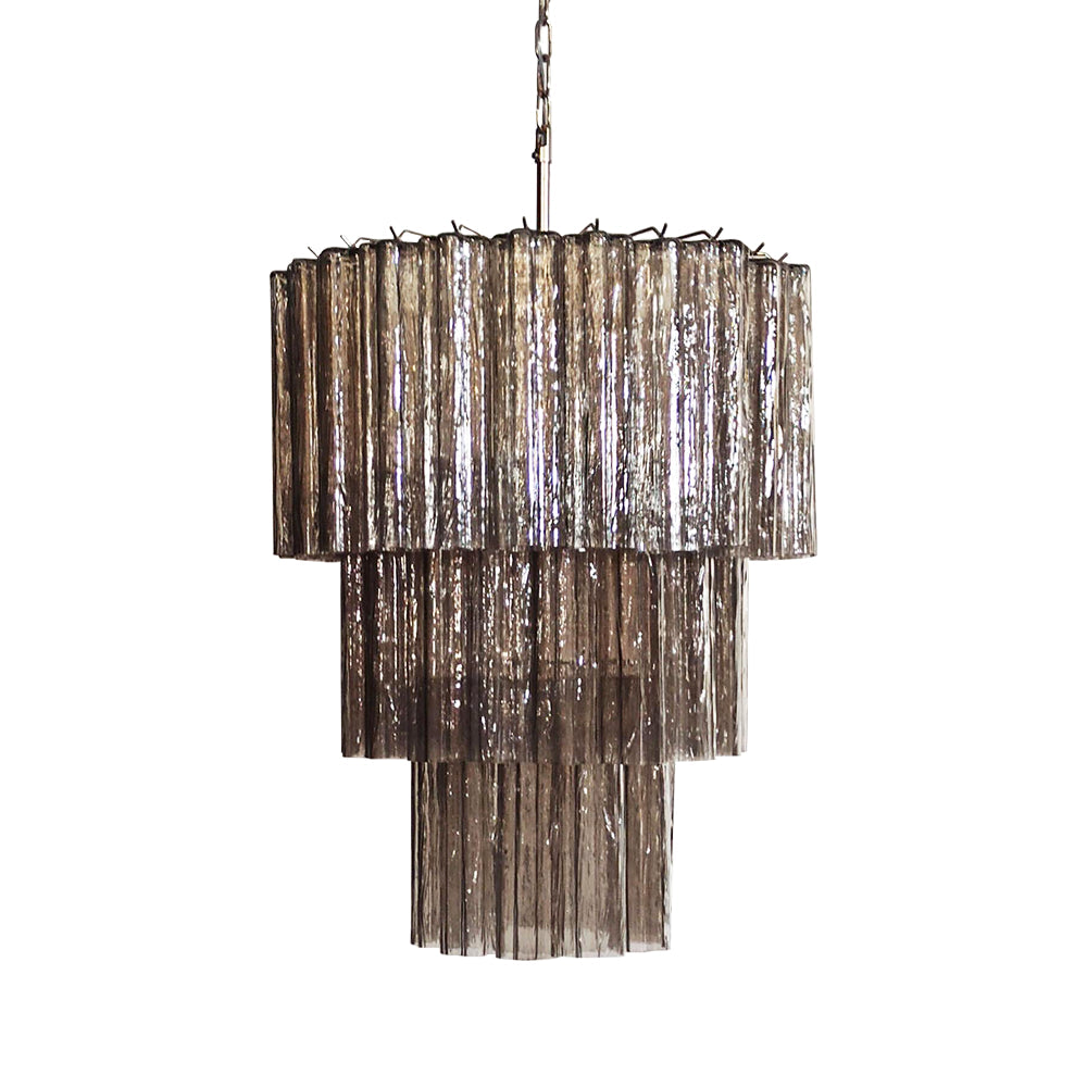Full view of Fantastic Murano Tubes Chandelier with smoke gray glass on white background