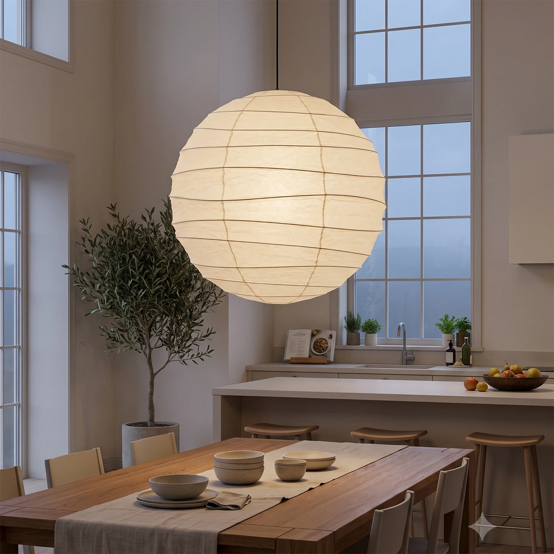 Paper pendant above a wooden kitchen counter with olive tree and beams
