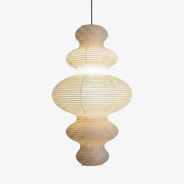 Gourd-shaped paper lantern pendant shown lit against a pale grey backdrop