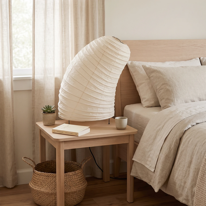 Curved paper table lamp on a hallway console beside a round mirror