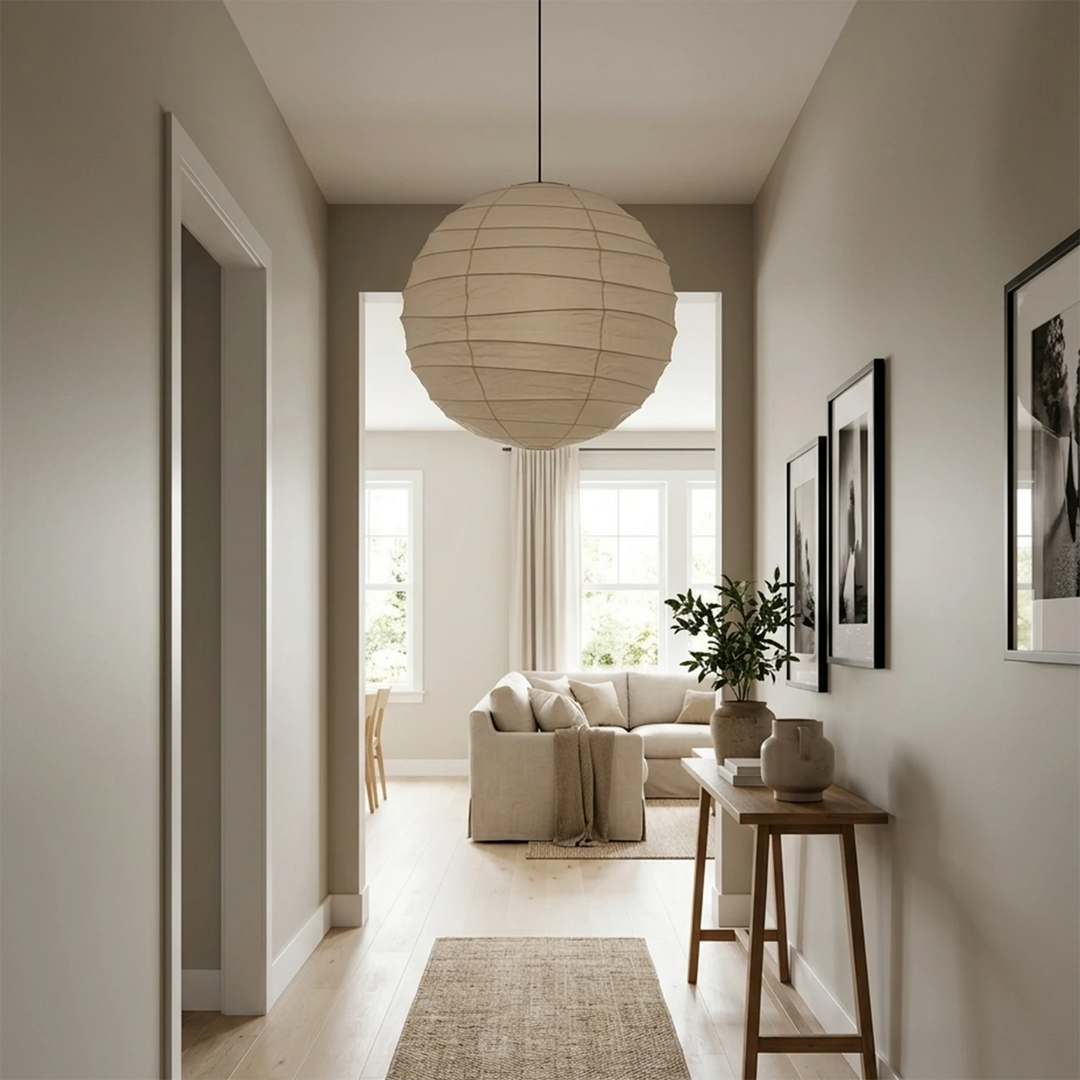 Paper pendant lighting a narrow hallway leading toward a bright living space