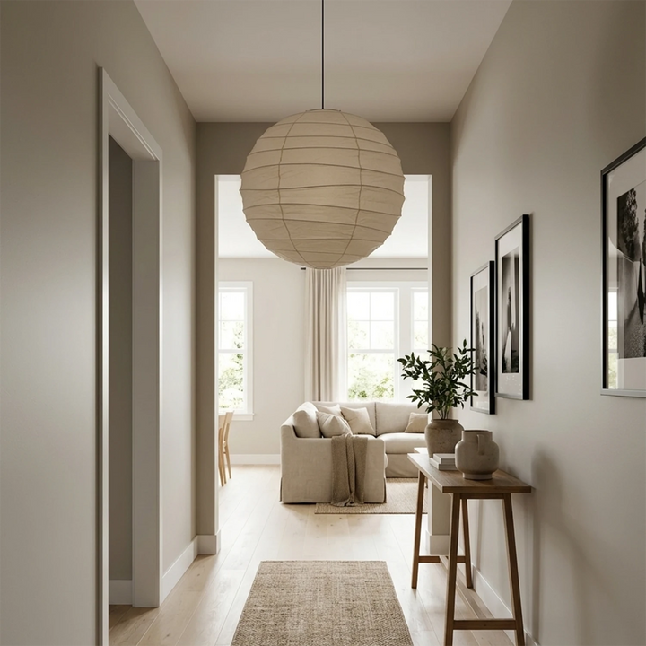 Paper pendant lighting a narrow hallway leading toward a bright living space