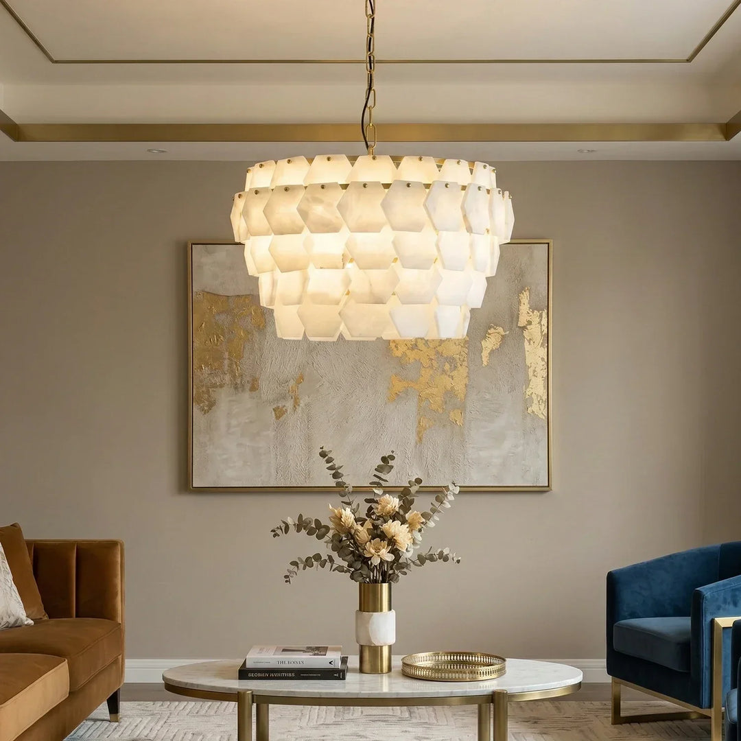 Hexagonal Layered Alabaster Chandelier