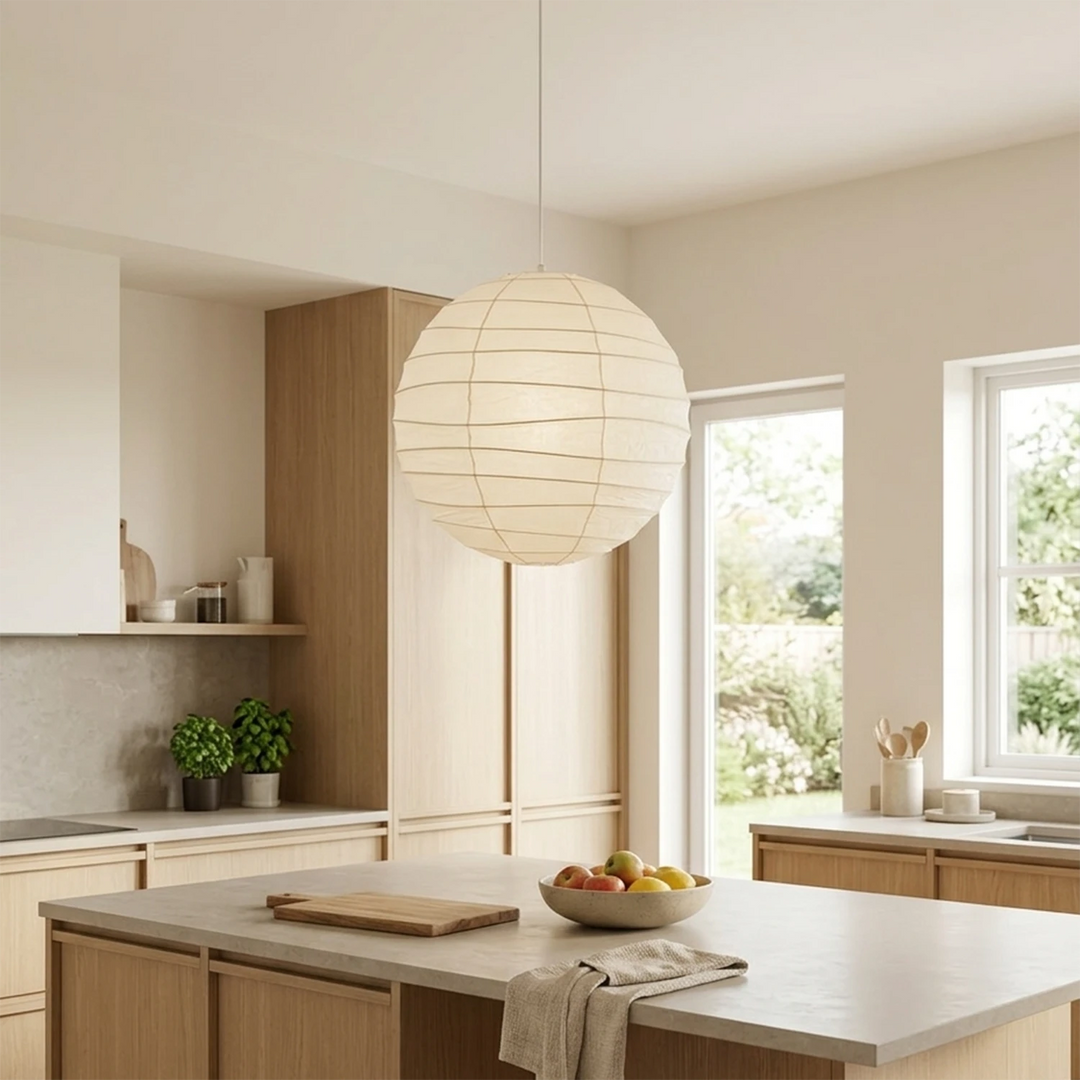 Paper pendant hanging above a kitchen island in a bright daylit room