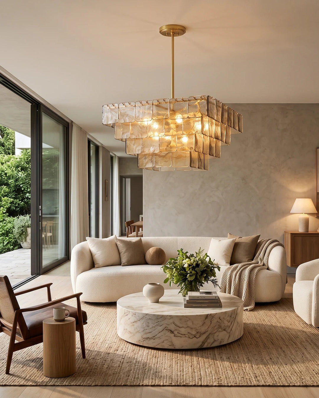 Layered glass chandelier in a living room opening onto a green garden view