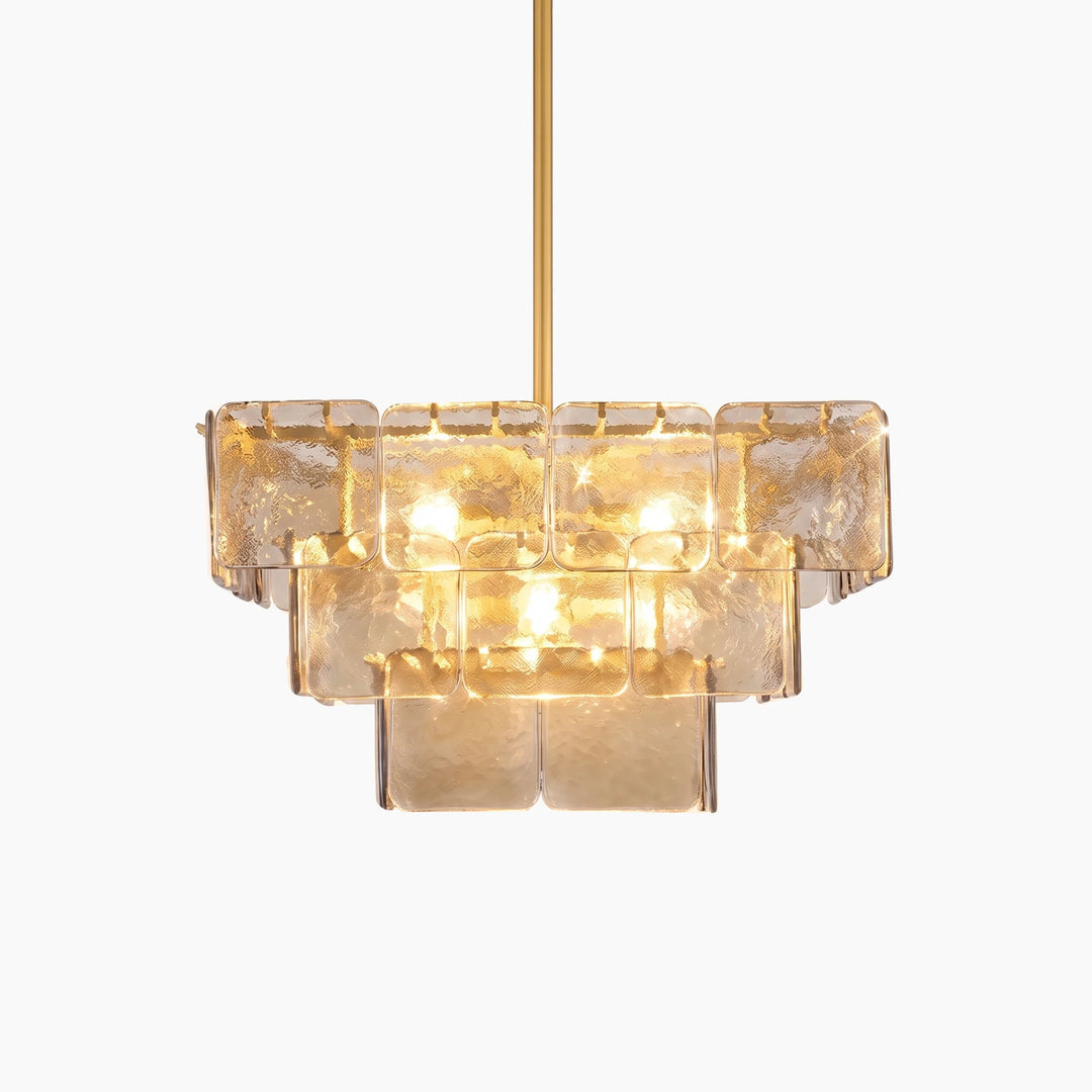 Layered glass tile chandelier lit from within, shown at a slight angle