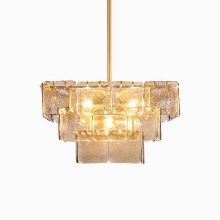 Layered glass tile chandelier lit from within, shown at a slight angle