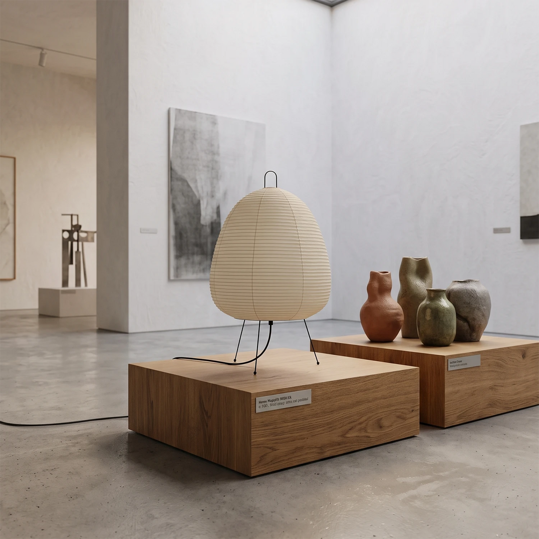 Paper table lamp on a low wooden console in an open-plan living space