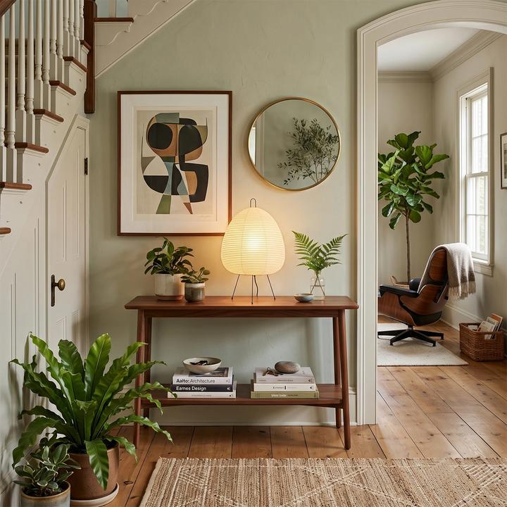 Minimalist paper table lamp on an entryway console with potted greenery