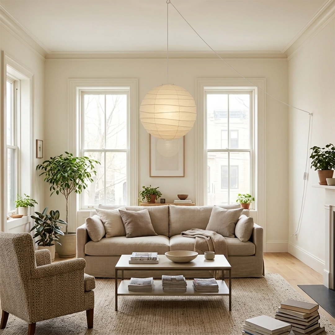 Paper pendant hanging in an open-plan living space with layered seating