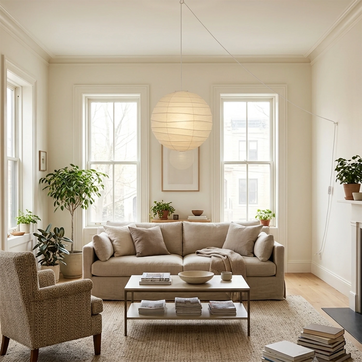 Paper pendant hanging in an open-plan living space with layered seating