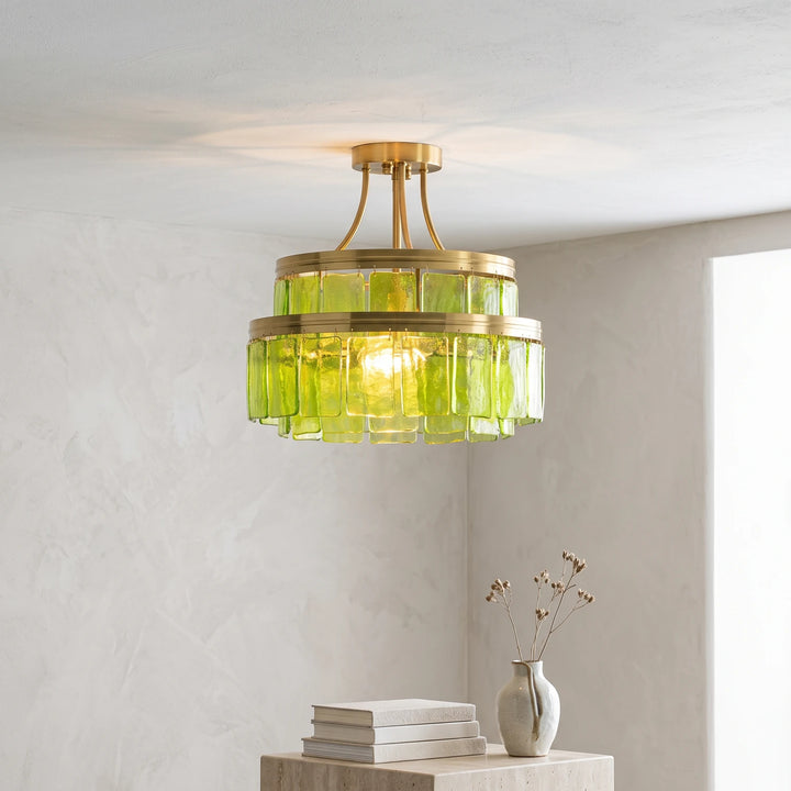 Modern Tiered Green Glass Chandelier