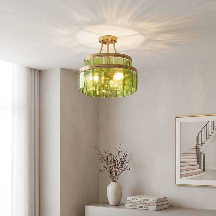Modern Tiered Green Glass Chandelier