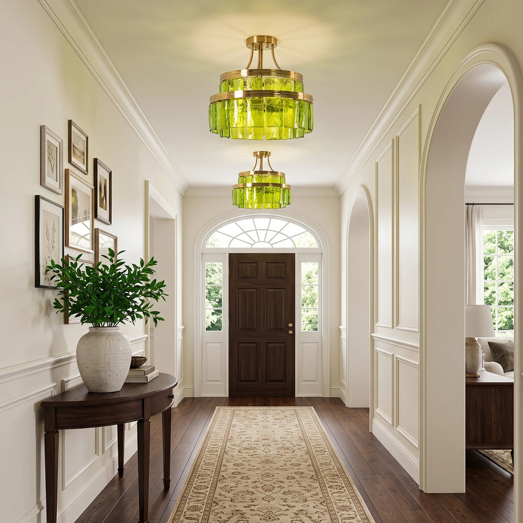 Modern Tiered Green Glass Chandelier